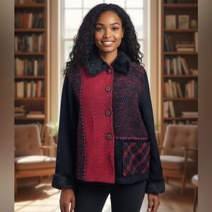 Vintage Christina Hope Black/Red Fur Collar Button Up Jacket